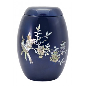 Glass Fibre Urn (Blue with a "Mother of Pearl" Bird Design) 
